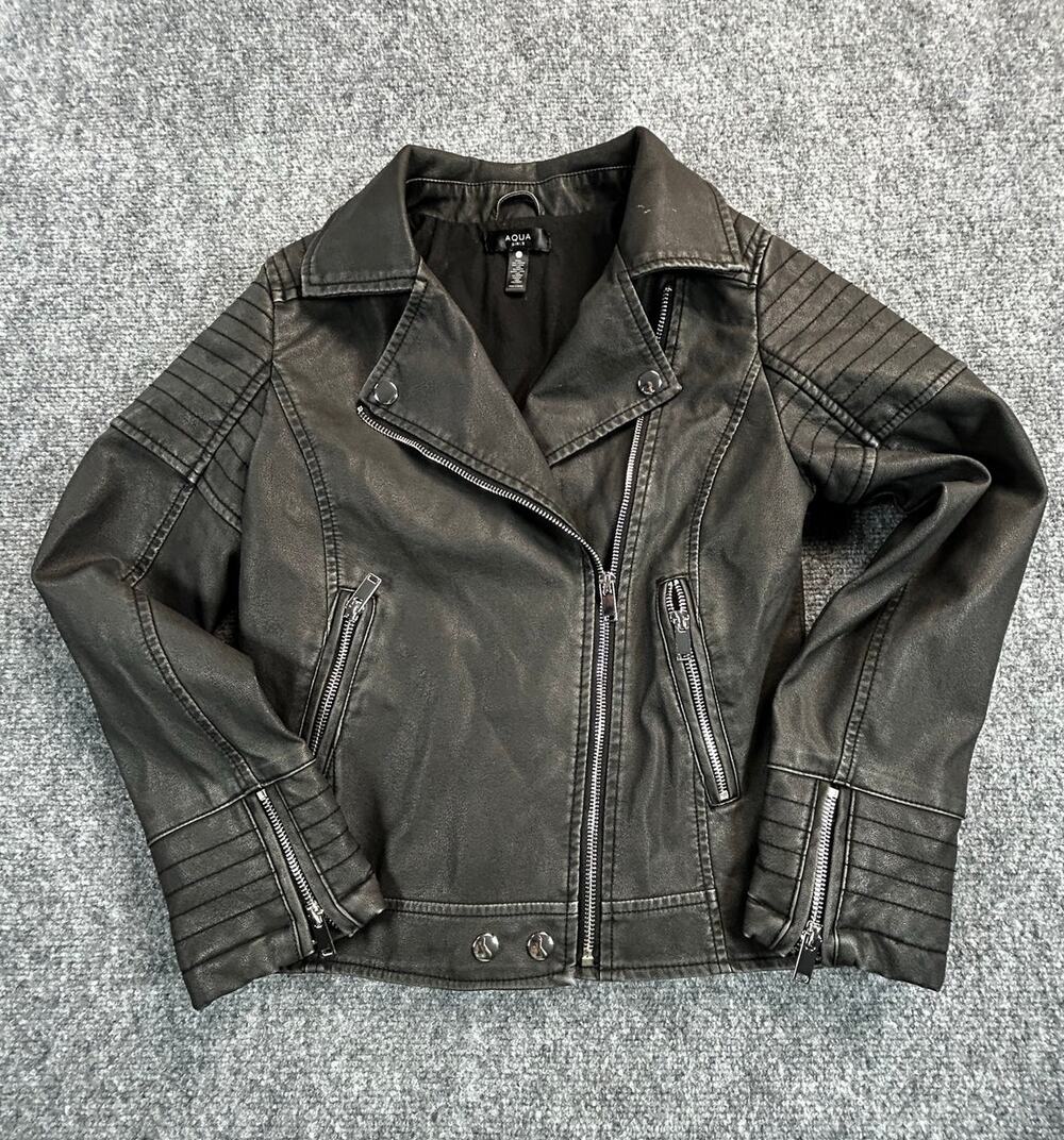Y2K Aqua Girls Faux Leather Moto Jacket Size L Black Biker Zip Quilted Coat